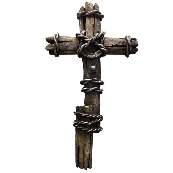 Cowboy Crucifix Western Wasll Cross Rustic Barbwire Horseshoe Rodeo Farmhouse - Picture 2 of 16
